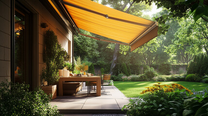 An outdoor patio with automated retractable awnings and solar-powered lighting