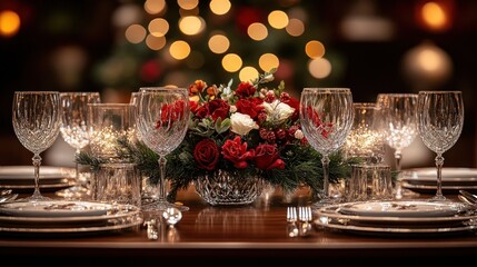 Beautifully Arranged Holiday Dining Table Adorned with Floral Centerpieces and Glassware