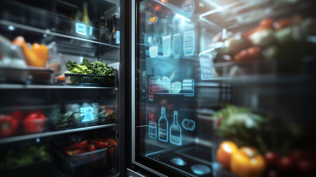A smart refrigerator that shows its contents on a touch screen, with food expiration reminders
