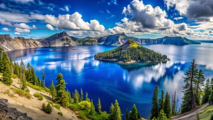 Obraz premium Majestic Crater Lake & Wizard Island View from Cleetwood Cove Trail, Oregon