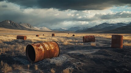 Obraz premium A stark and bleak scene of rusted barrels on dry ground, set against distant mountains and ominous skies, emphasizing the consequences of pollution and neglect