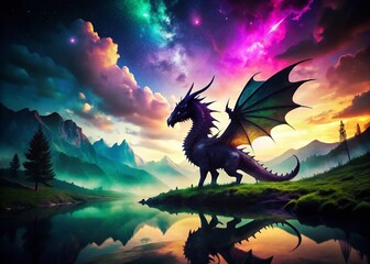 Majestic Dark Dragon Double Exposure Portrait: Fantasy Art Stock Photo