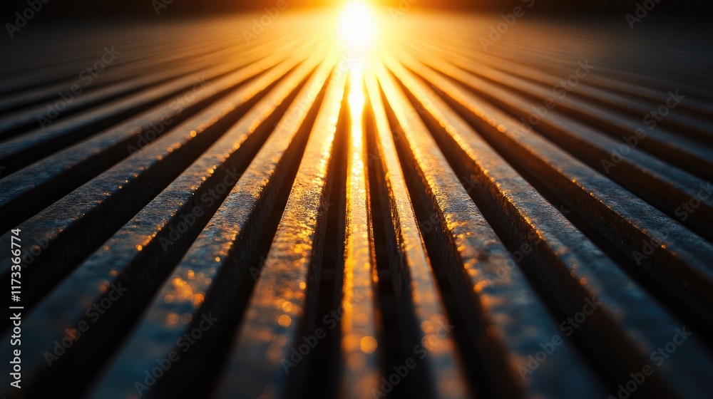 Poster A striking visual of metallic rods arranged in rows, creating strong leading lines that draw the eye toward a glowing horizon, perfect for modern and architectural photography