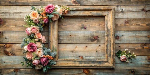 Fototapeta premium Distressed Wooden Frame with Artificial Flowers Wall Background in Vintage Style, bohemian, artificial, bohemian, artificial