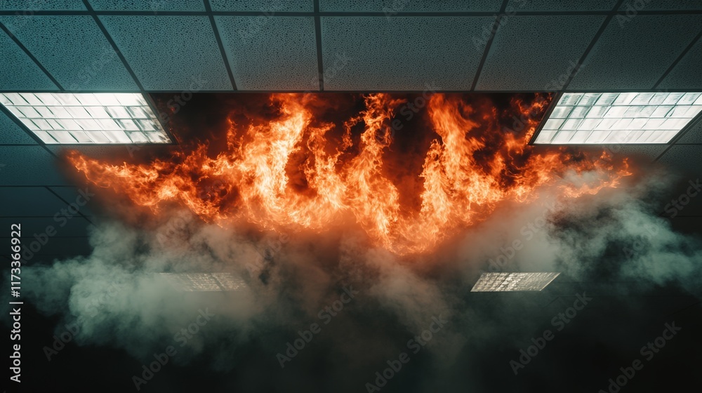 Poster Flames and smoke billowing through ceiling tiles in an office building create a perilous and urgent situation, signaling a need for immediate action and emergency response