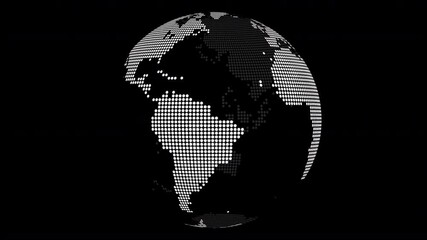 White Dot Pattern Globe World Rotating on Black Background Seamless Loop - Spinning globe made with dotted Circle world map	