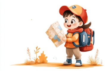 A playful 2D illustration of a girl in khaki cargo pants, holding a map as if preparing for an adventure