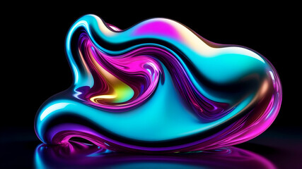 Iridescent abstract shape, flowing liquid metal, holographic colors, vibrant cyan and magenta, smooth curves, 3D render, glossy surface, futuristic design, dynamic form, surreal sculpture