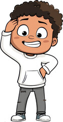 cheerful cartoon character scratching their head, wearing hoodie and jeans
