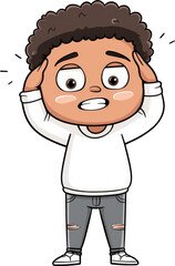 cartoon illustration of person with curly hair, looking stressed and scratching their head