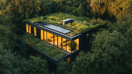 Fototapeta premium A sleek, solar-powered smart home with a living green roof, surrounded by lush greenery