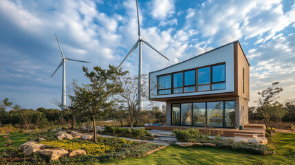 Obraz premium An eco-friendly home with wind turbines on the property and rainwater collection systems visible