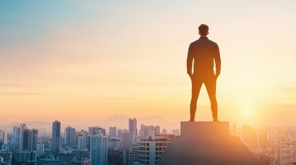 Fototapeta premium A silhouette of a lone entrepreneur standing on a rooftop overlooking a city skyline, gazing at the horizon, conveying ambition, determination, and the pursuit of financial success.