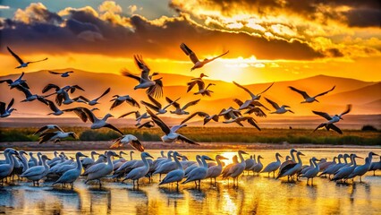 Majestic Flock of White Pelicans Soaring Over Serene Landscape at Sunset