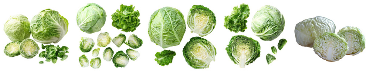 Fototapeta premium Assorted Cabbage Varieties Green Cabbage Savoy Cabbage Brussels Sprouts Whole and Halv