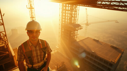 Construction engineer wearing safety helmet and harness standing on building site during golden hour sunset, with crane and buildings in background