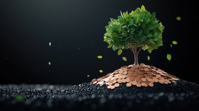 A symbolic image of a tree growing coins instead of leaves, representing the potential for long-term growth, compound interest, and the power of wise investments.