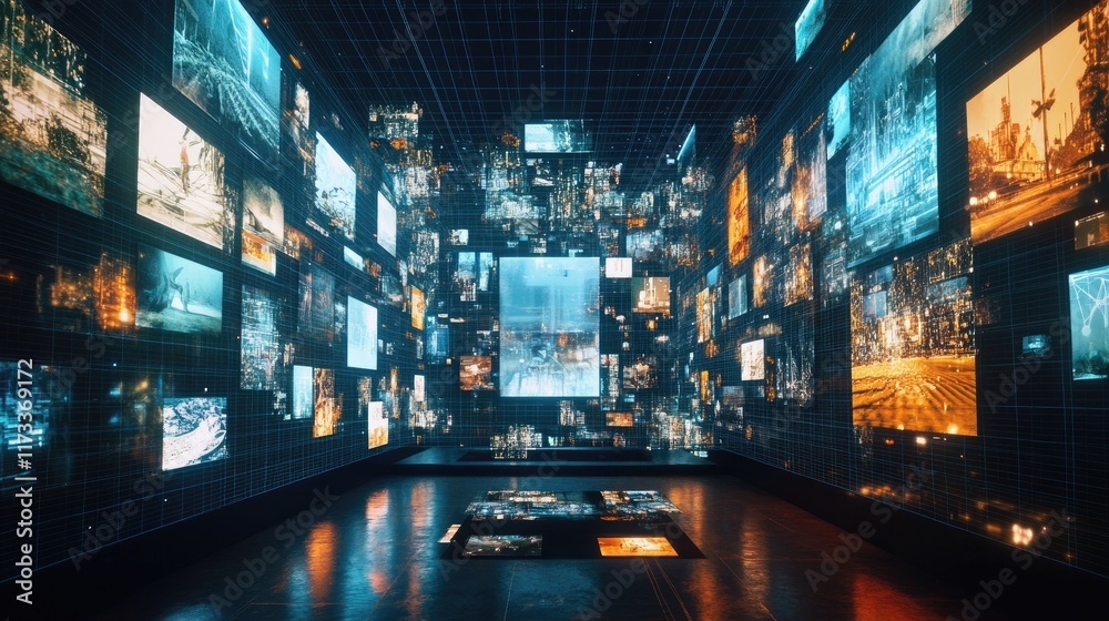 Poster a virtual museum tour on a digital screen, surrounded by an information network of interconnected da