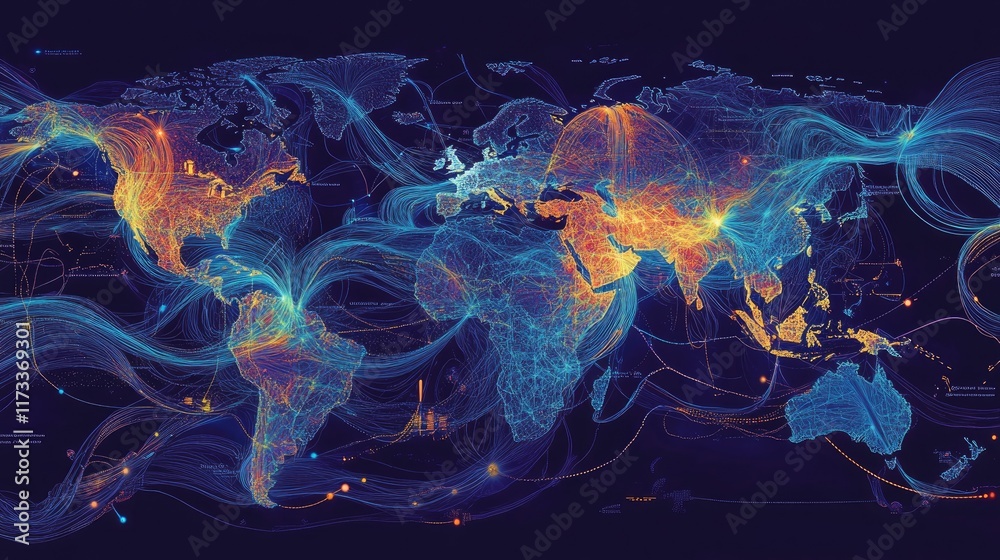 Poster A visual representation of worldwide internet streaming services, showing a network of data hubs across the globe, delivering media content