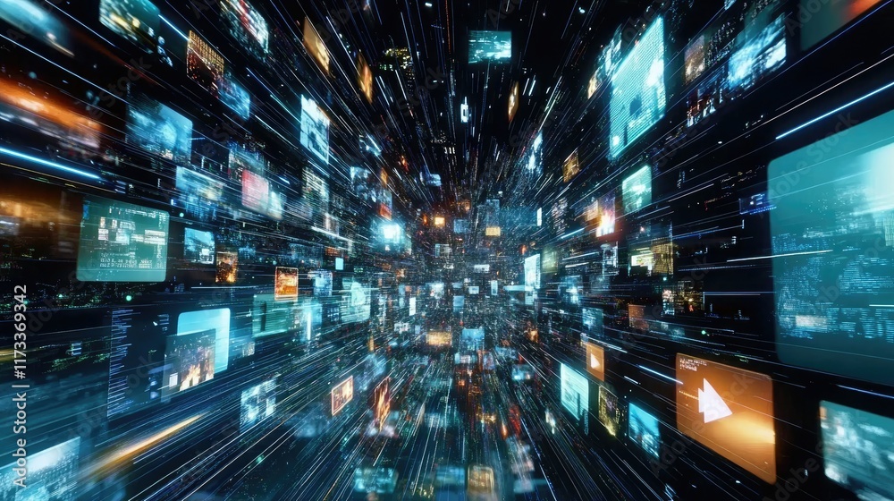 Poster A visual representation of worldwide internet streaming services, showing a network of data hubs across the globe, delivering media content