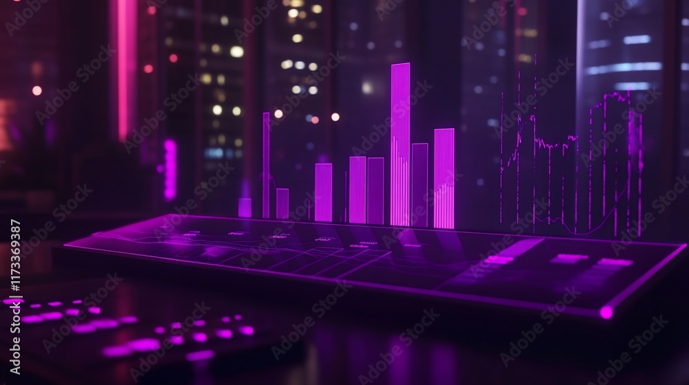 Poster futuristic purple bar graph data on a digital screen at night in a city.