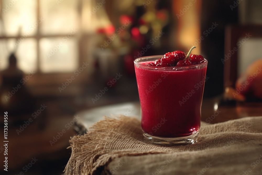 Aufkleber glass of red berry smoothie on rustic surface.