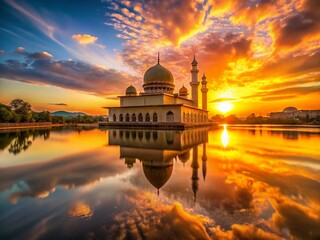 Obraz premium Majestic Golden Mosque Dome Sunrise Reflection - Stunning Night Photography