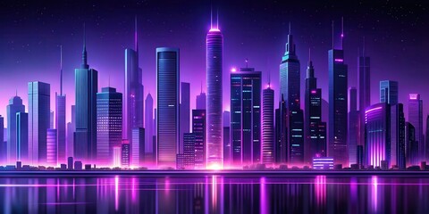 Obraz premium A futuristic cityscape with a gradient purple sky, set against a dark grey or black background, featuring sleek skyscrapers and neon lights , architecture, cityscape