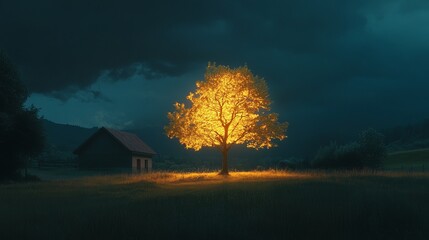 A solitary tree radiates a warm golden light, creating a striking contrast against a dark, moody sky. A rustic house lies nearby, enhancing the tranquil atmosphere.