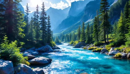 Fototapete Rund Serene Mountain River Landscape: A Breathtaking View of Nature's Majesty © Awan