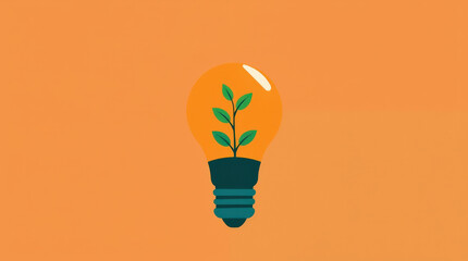 Light bulb containing growing plant symbolizing green energy and eco friendly innovation on orange background