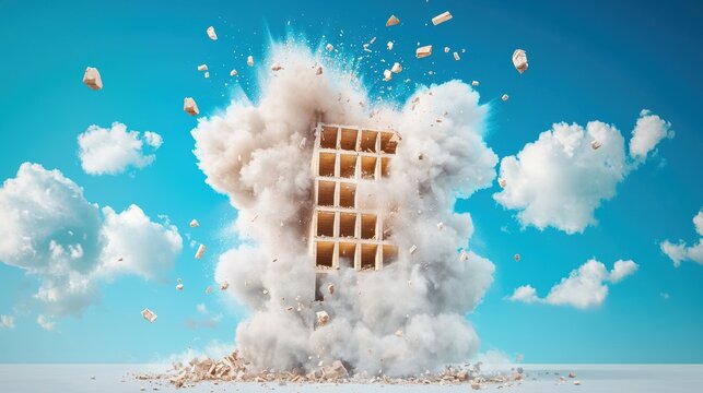 A demolition crew imploding a dilapidated building, with clouds of dust and debris billowing outwards as the structure collapses upon itself, signifying destruction, urban renewal, and the power of