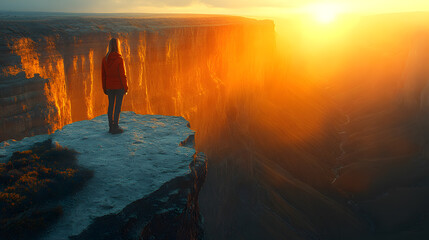 Fototapeta premium A powerful photography of a lone traveler standing at the edge of a canyon, staring out at an endless expanse of rugged, sunlit cliffs and shadows.