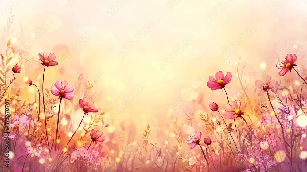 Poster pink cosmos flowers in a field at sunset with bokeh effect.