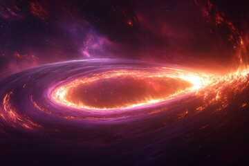 Vivid depiction of a rotating cosmic disk with fiery colors illuminated against a dark space...