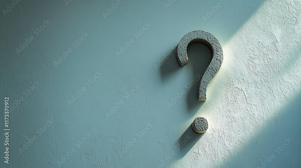 Poster textured teal wall with a rugged large question mark and sunlight shadow effect