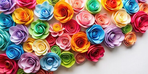 Colorful paper roses in a floral arrangement on a white background, decorative item