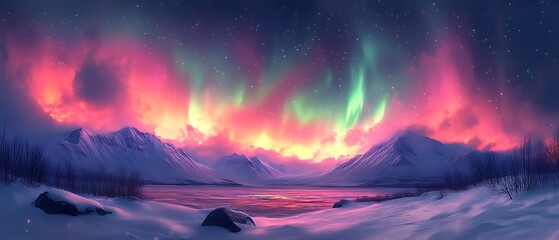 Vibrant aurora borealis over snowy mountains and frozen lake.