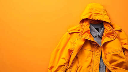 Bright and bold, this stylish orange jacket layered over a casual denim shirt pops against a matching background