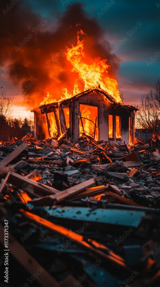 Poster Flames engulfing a house at dusk, illuminating the sky with an eerie glow while debris littering the foreground heightens the sense of destruction and profound loss
