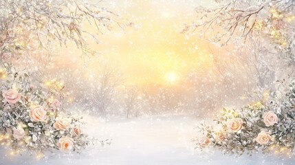 Fototapeta premium Winter landscape with roses and falling snow at sunset