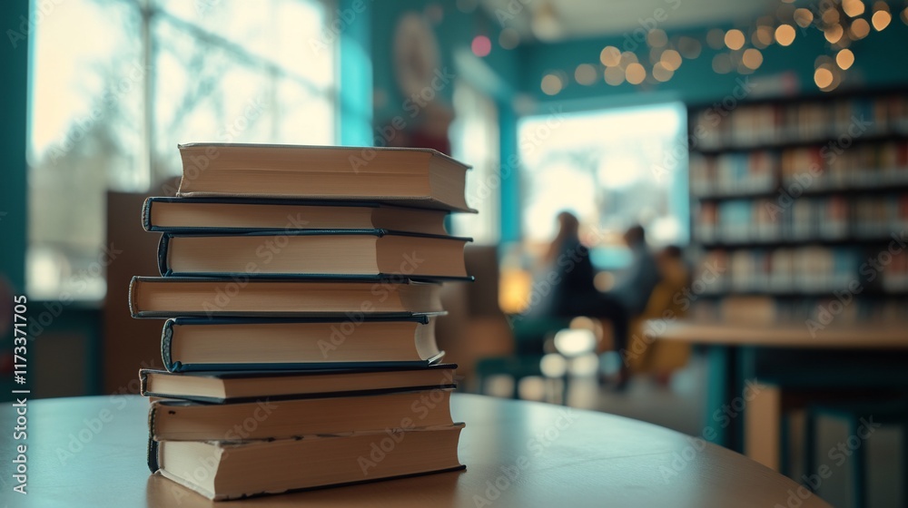 Poster Stack of books on table in library.