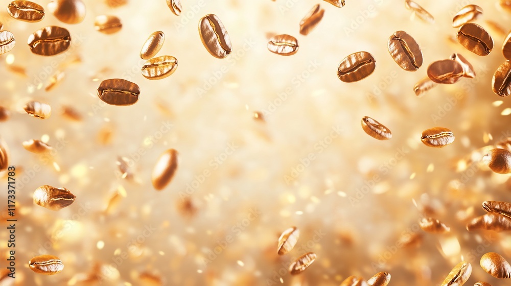 Aufkleber golden coffee beans falling on a beige background with bokeh effect.