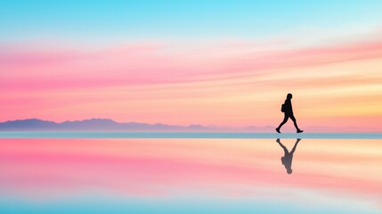 A solitary figure walking along a deserted beach at sunset, their silhouette cast against the vast expanse of the ocean, emphasizing feelings of isolation and contemplation.