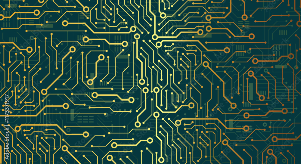 Aufkleber thin circuit trace lines in golden on a dark green technology background. abstract digital tech back