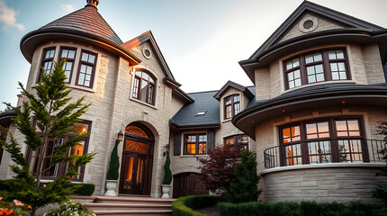 Fototapeta premium Large, tan-stone luxury home with multiple levels, turrets, and dark-framed windows. Landscaped with bushes and trees in the foreground. Evening light illuminates the home's entrance.