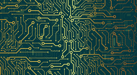 Thin circuit trace lines in golden on a dark green technology background. Abstract digital tech background. Electronics and computer technology concept. Chip and circuit board.