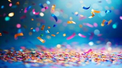 A colorful explosion of confetti is falling from the sky, creating a festive