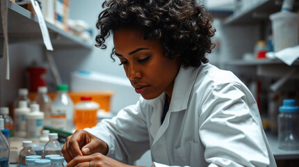 Female scientist meticulously labeling samples in a modern laboratory, showcasing the dedication and focus required in scientific research