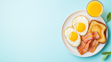 Hearty breakfast with eggs, bacon, toast, and orange juice on plate